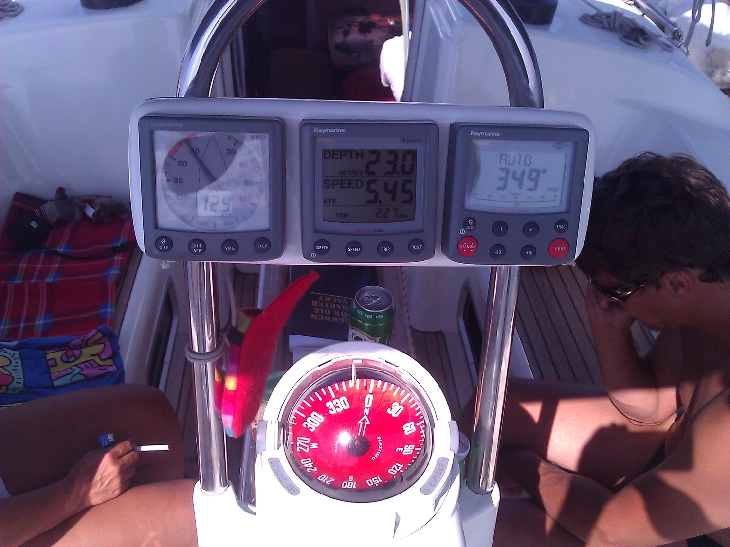 Motorboot-u. Segelschule Ravensburg - Wassersportausbildung und lizenzierung - Nahaufnahme der Navigationsinstrumente eines Segelboots und des rot leuchtenden Kompasses bei Nacht.